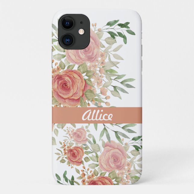 Capa Para iPhone 11 Rosas Aquarela Vermelho Personalizado Boho Chic (Verso)