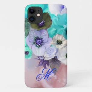 CAPA PARA iPhone 11 ROSAS AZUL TEAL E FLORES DE ANEMONA BRANCA MONOGRA