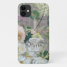 Capa Para iPhone 11 Rosas Bonito Florais de Paris Vintage Torre Eiffel