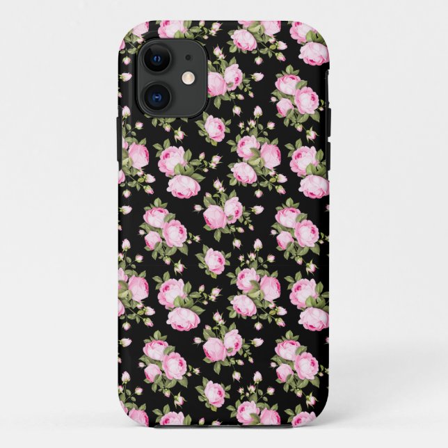 Capa Para iPhone 11 Rosas cor-de-rosa chique em preto (Verso)