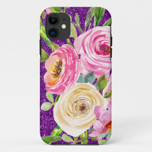 Capa Para iPhone 11 Rosas de aquarela, cor-de-rosa e creme, com brilho