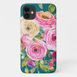 Capa Para iPhone 11 Rosas de aquarelas em rosa e creme no chão