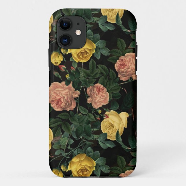 Capa Para iPhone 11 Rosas de Redouté Antigos Florais Moody Escuros (Verso)