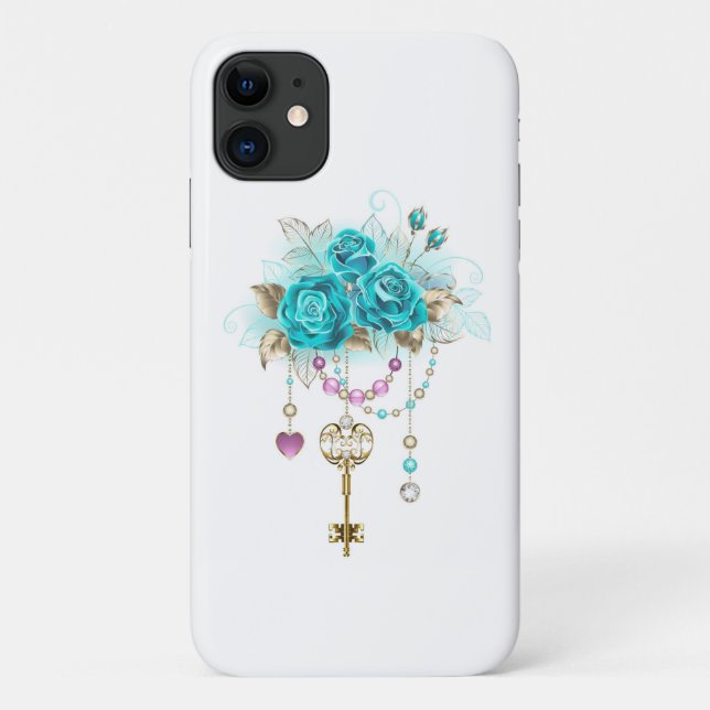Capa Para iPhone 11 Rosas Turquesas com Chaves (Verso)
