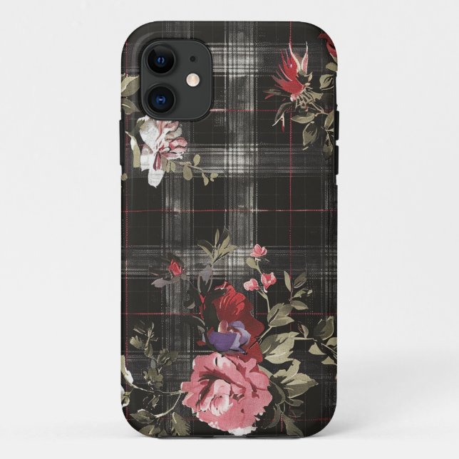 Capa Para iPhone 11 Rosas vermelhas de Xadrez preta (Verso)