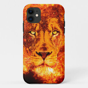 Capa Para iPhone 11 Rosto de Leão em Chamas Vermelho Preto Laranja
