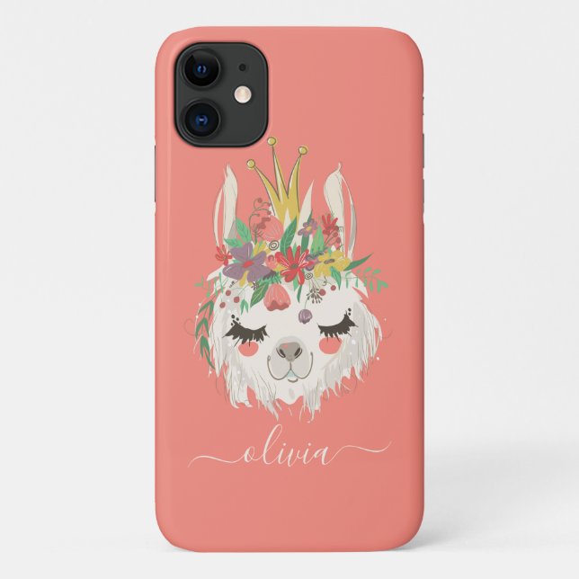 Capa Para iPhone 11 Rosto de Lhama Fofo com Nome Personalizado Floral  (Verso)