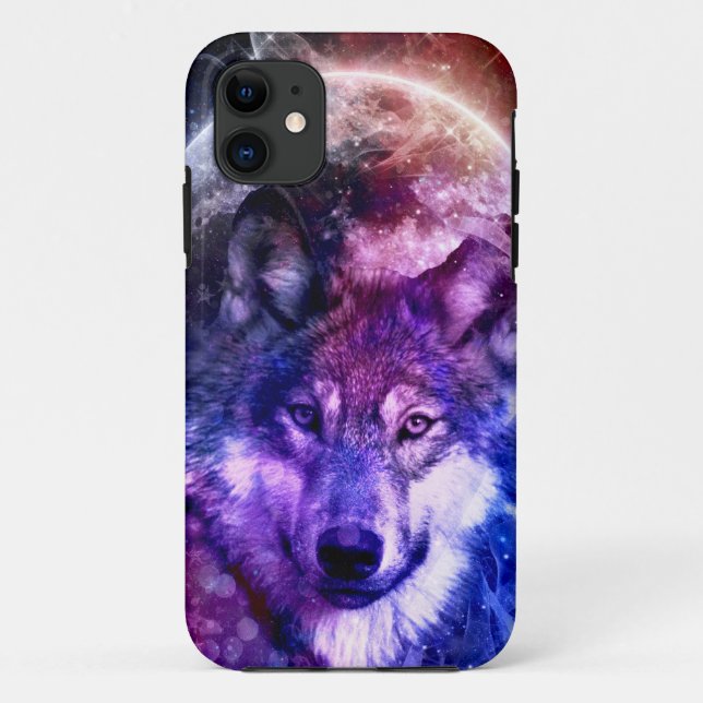 Capa Para iPhone 11 Rosto de Lobo Galáxico Místico com Lua Cheia (Verso)