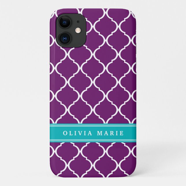 Capa Para iPhone 11 Roxo Trellis Pattere Turquoise Nome (Verso)