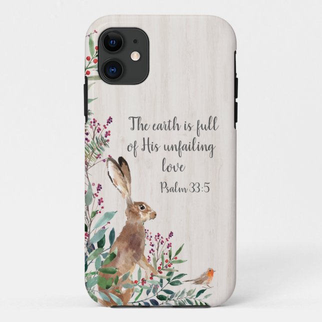 Capa Para iPhone 11 Salmo 33:5 Coelho, Religioso Cristão Foliage (Verso)