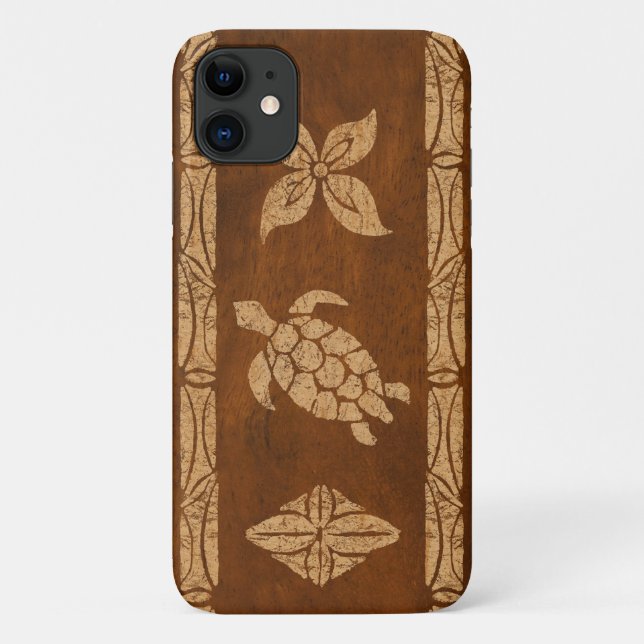 Capa Para iPhone 11 Samoa Tartaruga Totem Faux Koa Wood Surfboard (Verso)