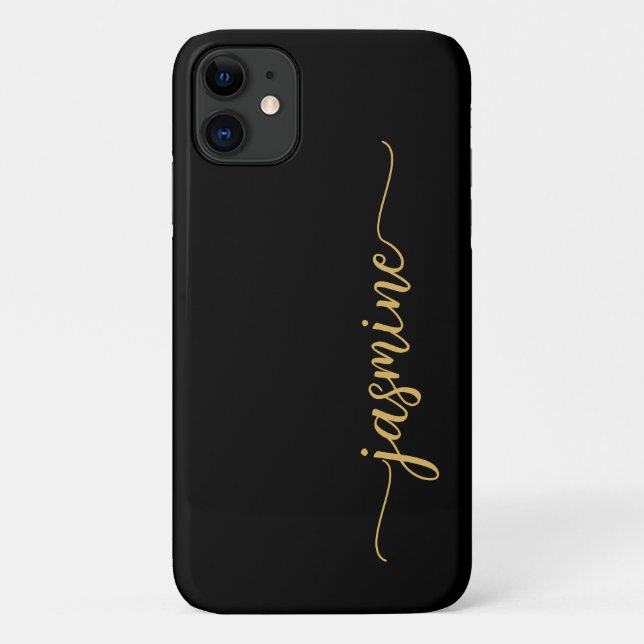 Capa Para iPhone 11 Script de Nome do Monograma Dourado Preto Menor Mi (Verso)