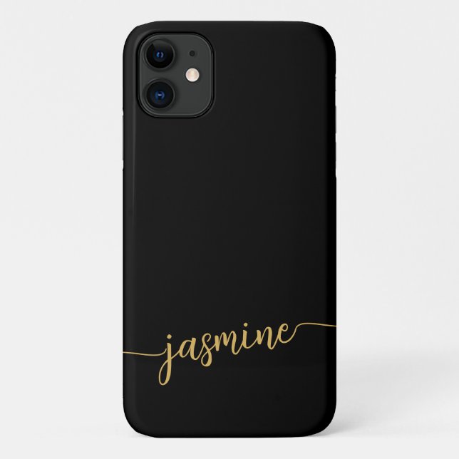Capa Para iPhone 11 Script de Nome do Monograma Dourado Preto Menor Mi (Verso)