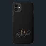 Capa Para iPhone 11 Script Feminino Dourado Preto Moderno Monograma<br><div class="desc">Capas de iphone Monograma De Script Feminina Dourada Preta Moderna. Personalize facilmente esta capa de telefone elegante moderna com o seu monograma e nome personalizados.</div>