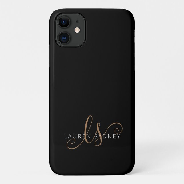 Capa Para iPhone 11 Script Feminino Dourado Preto Moderno Monograma (Verso)
