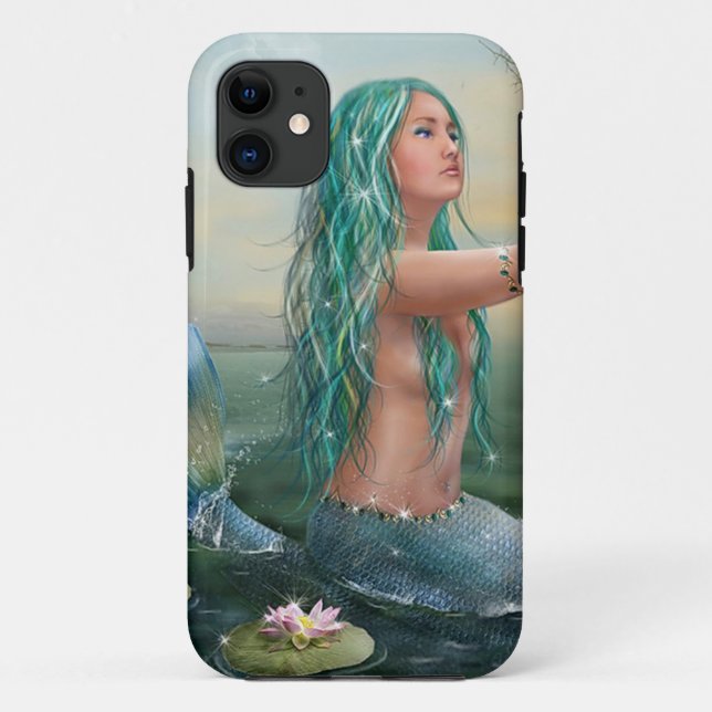 Capa Para iPhone 11 sereia de cabelo verde (Verso)