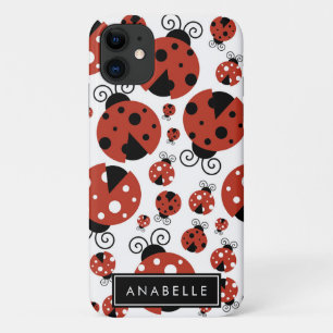 Capa Para iPhone 11 Seu Nome - Ladybugs, Ladybird - Preto Vermelho