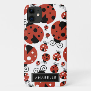 Capa Para iPhone 11 Seu Nome - Ladybugs, Ladybird - Preto Vermelho