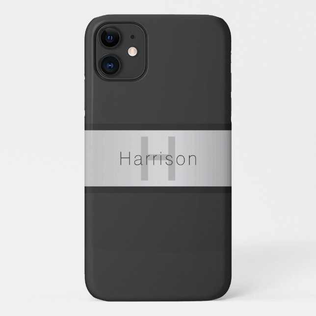 Capa Para iPhone 11 Seu Nome & Monograma | Tons de Cinza e Visual de P (Verso)