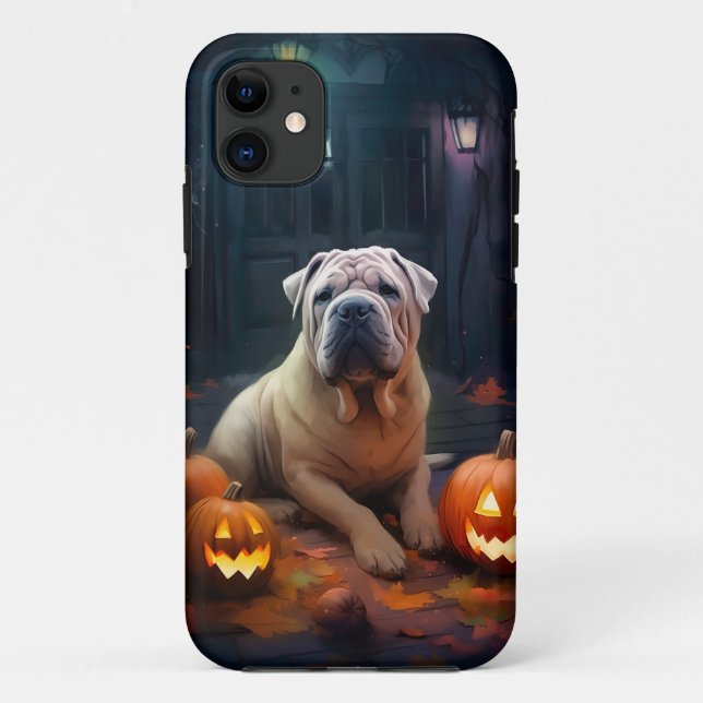 Capa Para iPhone 11 Shar Pei de Halloween com Abóboras Assustadoras (Verso)