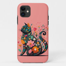 Silhueta de gato preto feita de flores coloridas