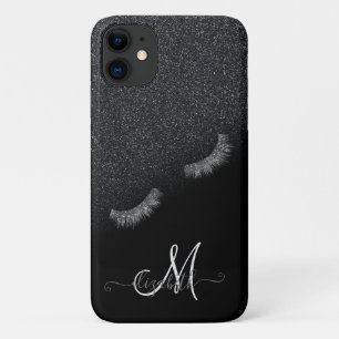 Capa Para iPhone 11 Silver Faux Lashes Black Glitter Ombre