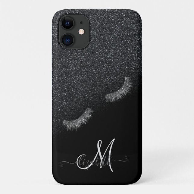 Capa Para iPhone 11 Silver Faux Lashes Black Glitter Ombre (Verso)