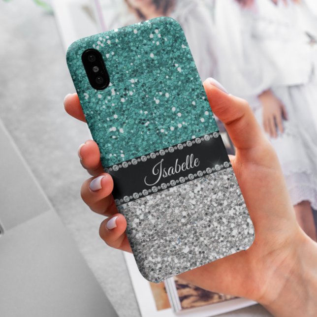 Capa Para iPhone 11 Silver Teal Sparkle Glam Bling Personalizado (Criador carregado)