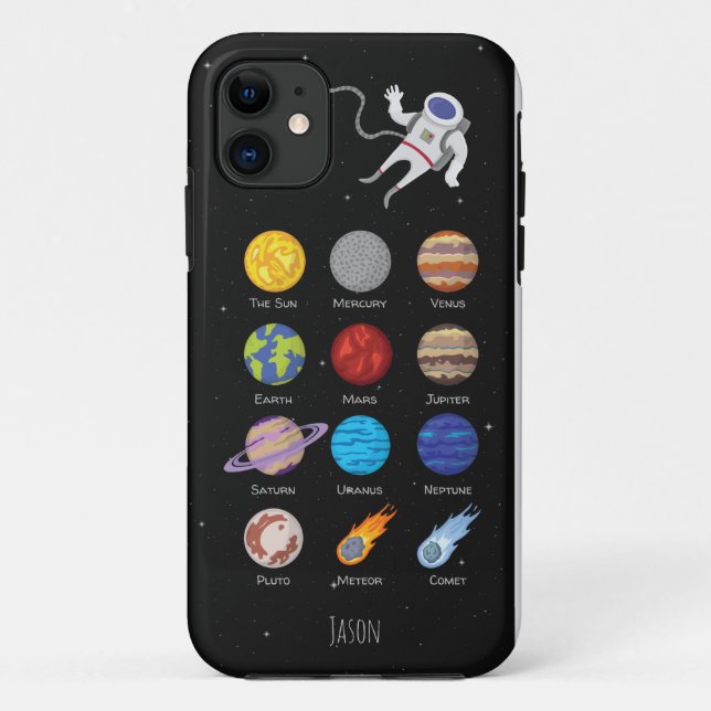 Capa Para iPhone 11 Sistema solar, planetas espaciais e astronautas (Verso)