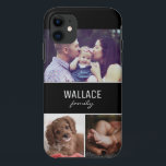 Capa Para iPhone 11 Sobrenome e foto da família personalizada<br><div class="desc">Personalize esta capa de telefone celular com fotos favoritas das crianças,  mãe,  pai,  avós,  nome da família ou animais de estimação,  etc. Três áreas de fotos. A tipografia moderna num bloco preto. O nome é repetido para o verso desta capa de telefone.</div>
