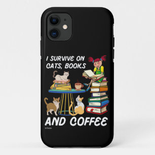 Capa Para iPhone 11 SOBREVIVO EM GATOS, LIVROS E CAFÉ, Gato engraçad