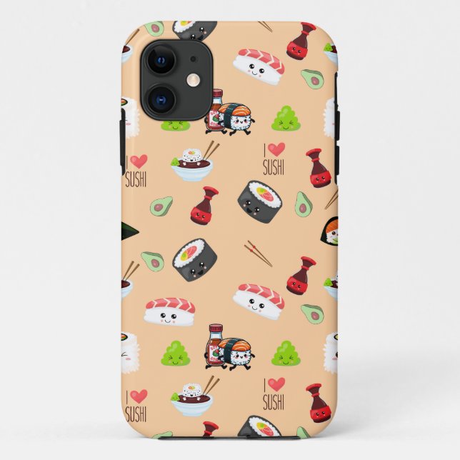 Capa Para iPhone 11 Soy apaixonado por Kawaii Sushi amarelo fofo (Verso)