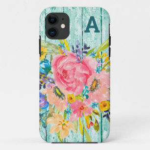 Capa Para iPhone 11 Spray Floral de Rosa de Aquarela com Inicial
