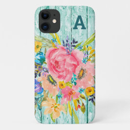 Capa Para iPhone 11 Spray Floral de Rosa de Aquarela com Inicial