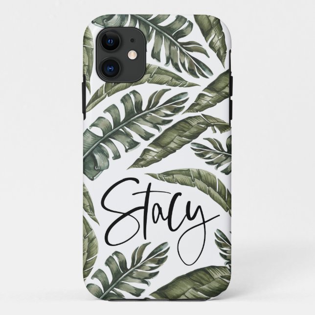 Capa Para iPhone 11 Stacy do nome personalizado da folha tropical (Verso)