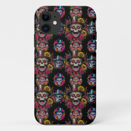Capa Para iPhone 11 Sugar Skull Art - Top Hat Floral Fiesta