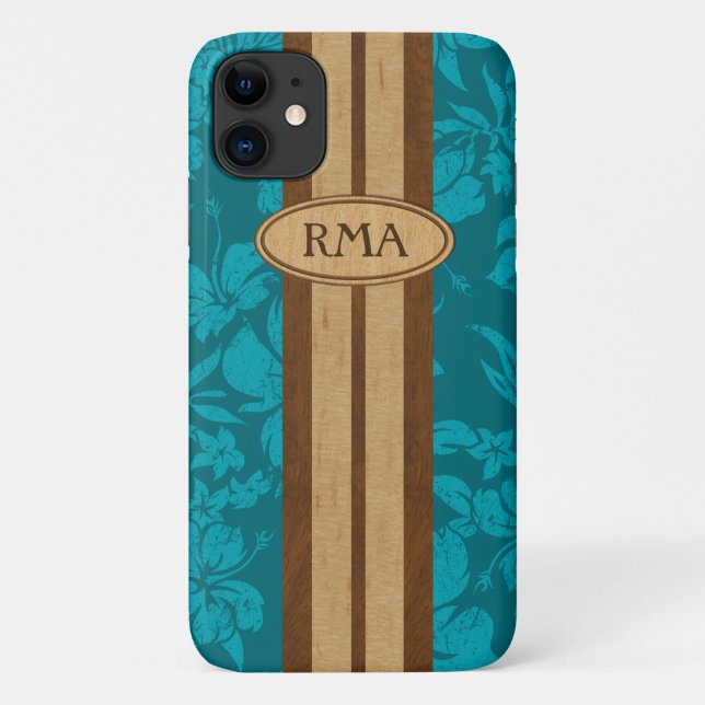 Capa Para iPhone 11 Sunset Beach Faux Wood Surfboard Havaiana Monogram (Verso)