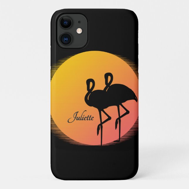 Capa Para iPhone 11 Sunset Flamingos Pessoal com Nome (Verso)