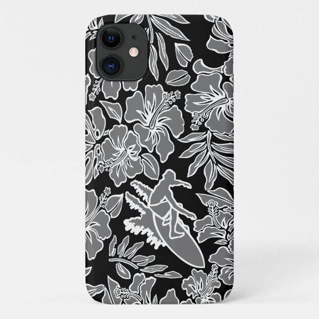 Capa Para iPhone 11 Surf Pareau Havaiana Cinza de surfe do Hibiscus (Verso)