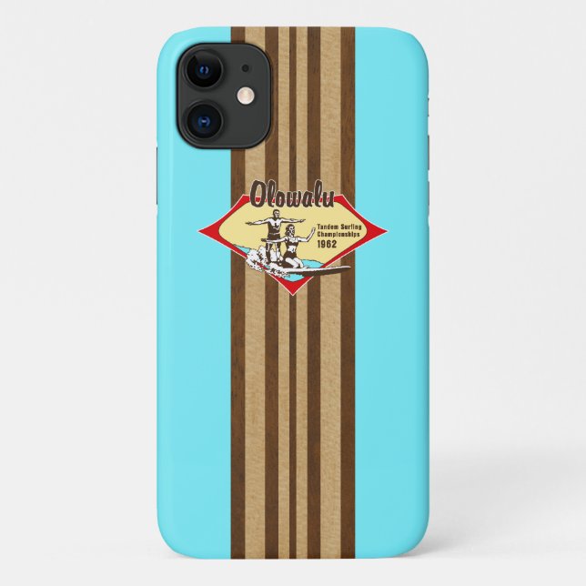 Capa Para iPhone 11 Tandem Surfing Hawaiai Faux Wood Aqua Surfboard (Verso)