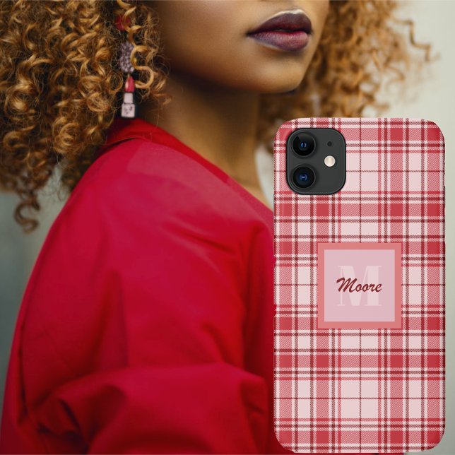 Capa Para iPhone 11 Tartan - Rosa Pastel com Cerise e Vermelho Maroon (Criador carregado)
