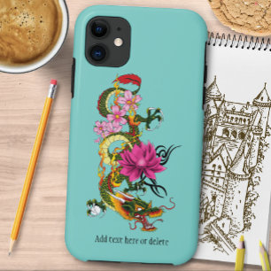 Capa Para iPhone 11 Tatuagem de Dragão Chinês Verde Ousado com Lótus e