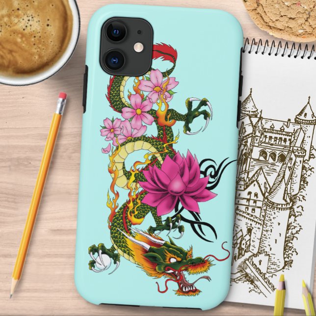Capa Para iPhone 11 Tatuagem de Dragão Chinês Verde Ousado com Lótus e (Criador carregado)