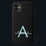 Capa Para iPhone 11 Teal Aqua Blue Girly Script Monograma Nome Moderno<br><div class="desc">Teal Aqua Blue e Black Monogramas Adicionam sua Capa de telefone de nome próprio. Isto faz o doce e perfeito aniversário de 16 anos,  casamento,  chá de panela,  aniversário,  chá de fraldas ou festa de solteira presente para alguém que ama luxo de luxo e estilos quíticos.</div>