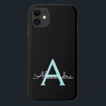 Capa Para iPhone 11 Teal Aqua Blue Girly Script Monograma Nome Moderno<br><div class="desc">Teal Aqua Blue e Black Monogramas Adicionam sua Capa de telefone de nome próprio. Isto faz o doce e perfeito aniversário de 16 anos,  casamento,  chá de panela,  aniversário,  chá de fraldas ou festa de solteira presente para alguém que ama luxo de luxo e estilos quíticos.</div>