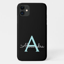 Capa Para iPhone 11 Teal Aqua Blue Girly Script Monograma Nome Moderno