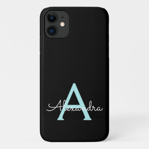 Capa Para iPhone 11 Teal Aqua Blue Girly Script Monograma Nome Moderno