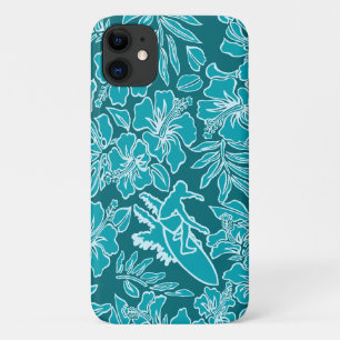 Capa Para iPhone 11 Teal de Surfe do Hibiscus do Surf Pareau Havaiano