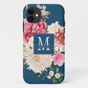 Capa Para iPhone 11 Teal Monograma Vintage Floral Peony Swirls Elegant
