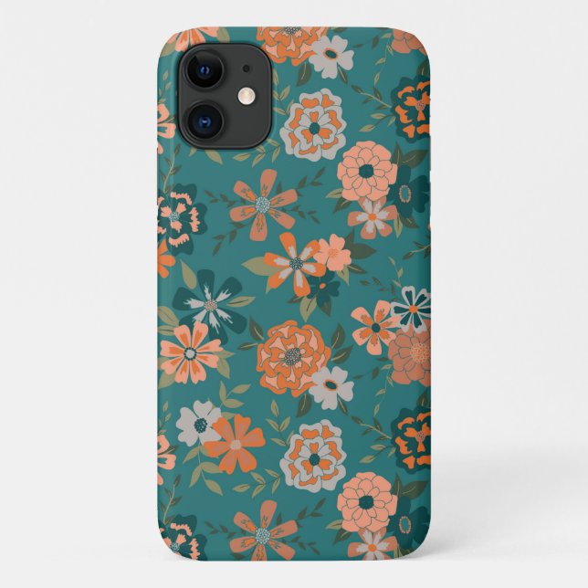 Capa Para iPhone 11 Teal Orange Trendy Floral Vine Floral Padrão (Verso)